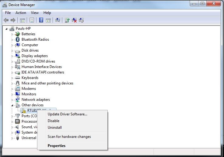 Device Manager Right Click on Problem Device
