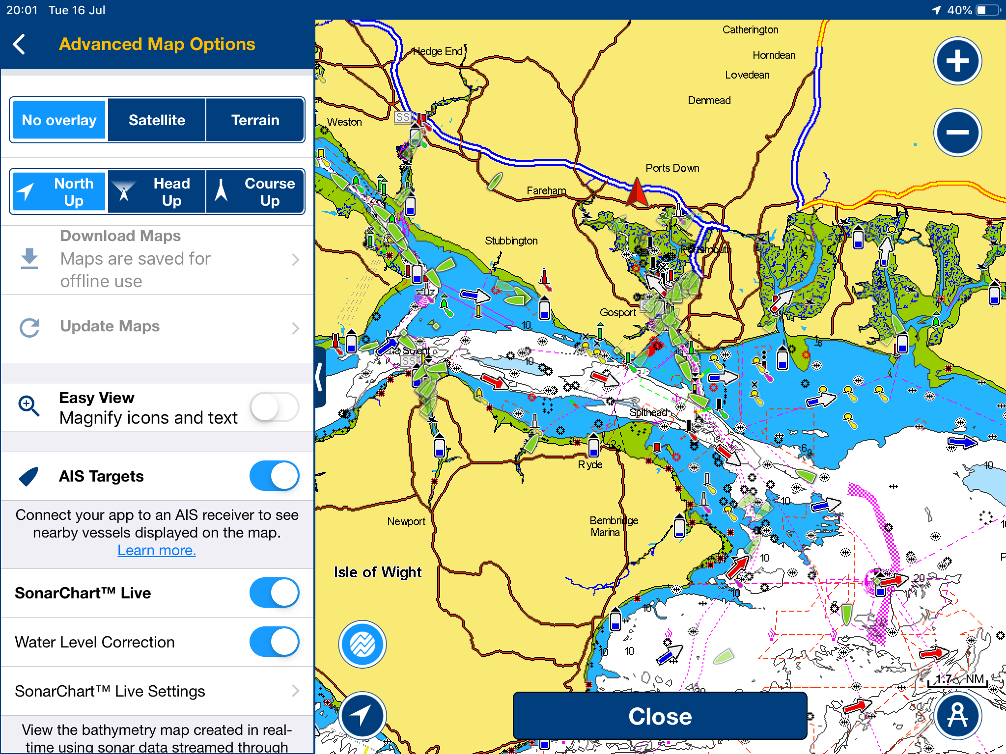 AIS turned on in the Charts option meny