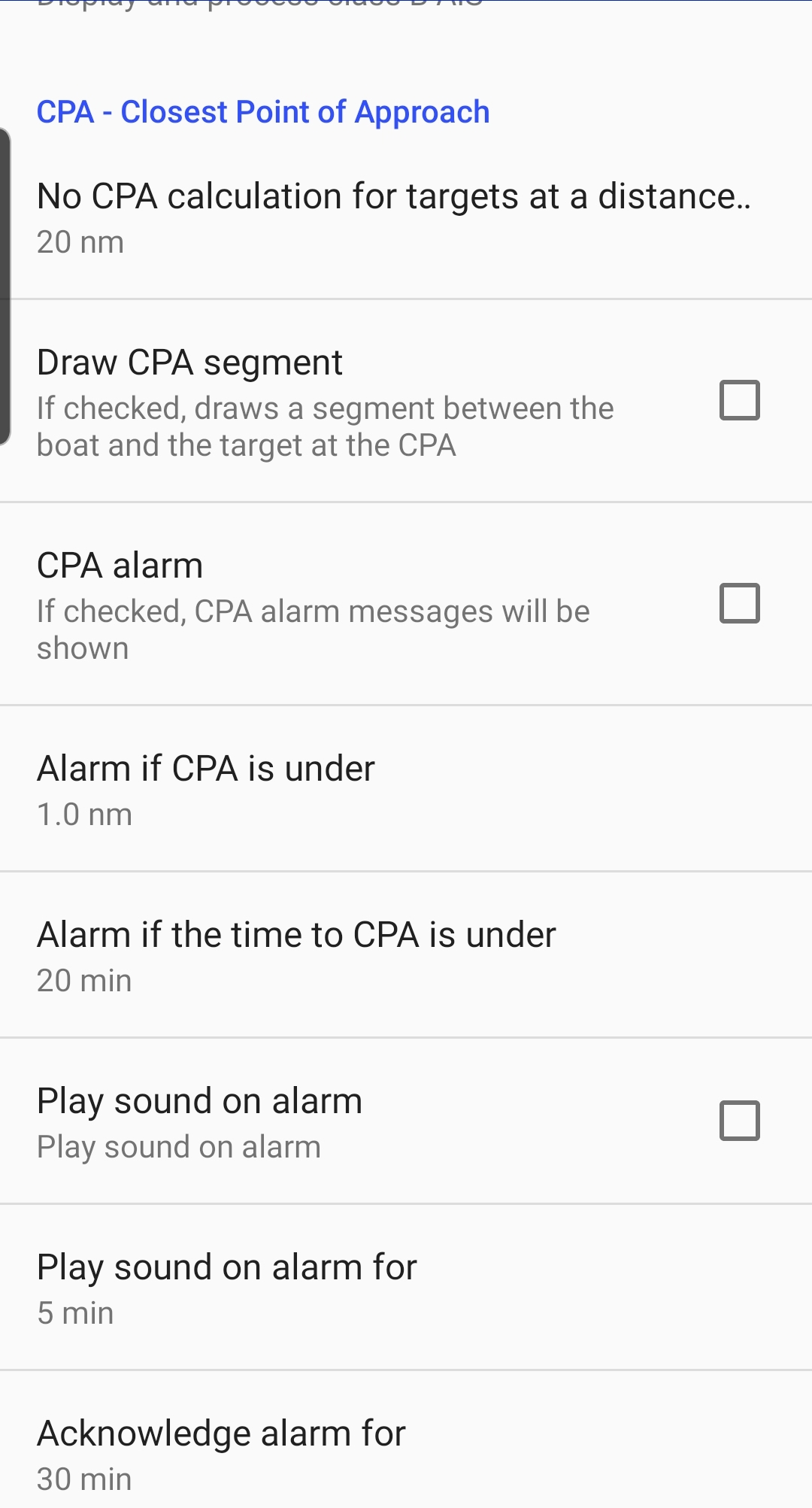 CPA and TCPA alarms in SailGrib
